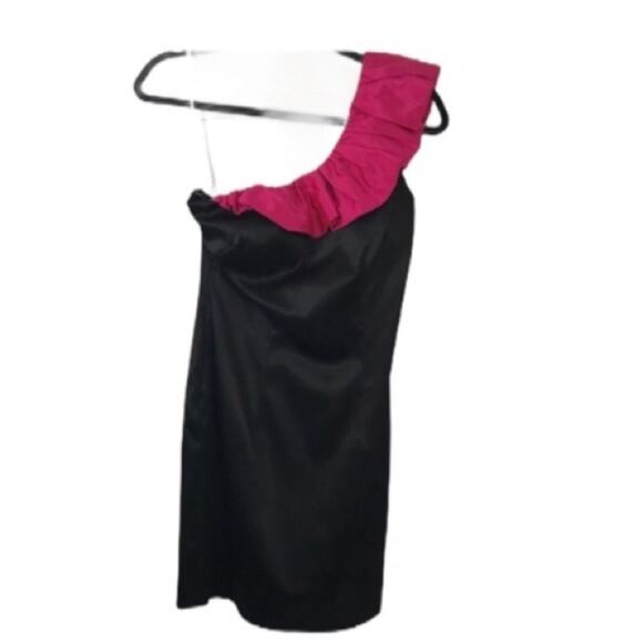 Aidan Mattox Ruffled One Shoulder Black & Pink Mini Dress